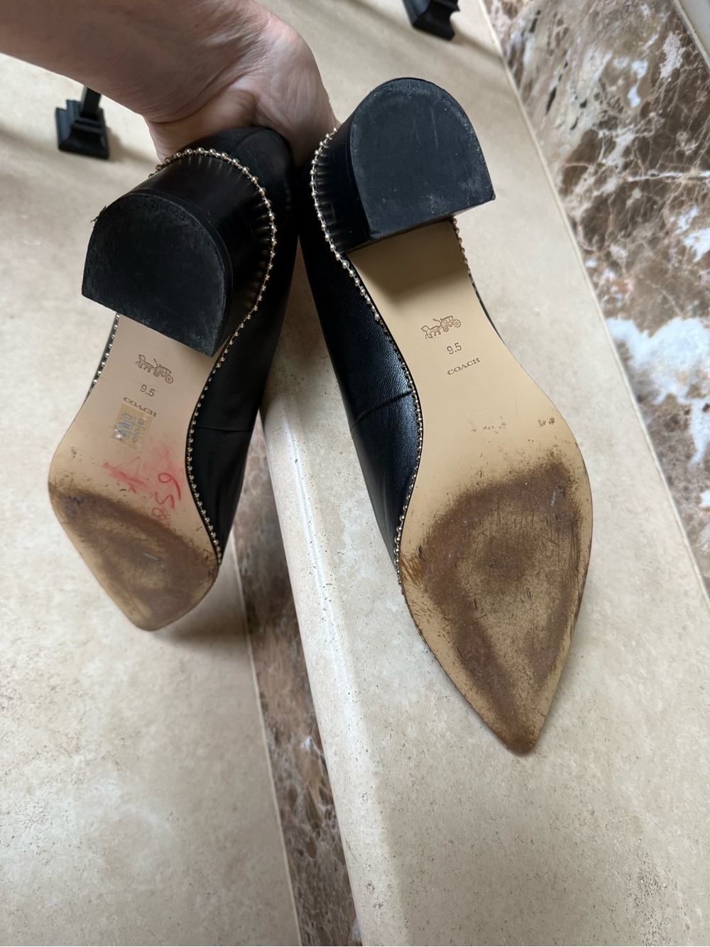 Coach Black Pointed Low Block Heel Pumps with Gold Stud Trim - Picture 10 of 16